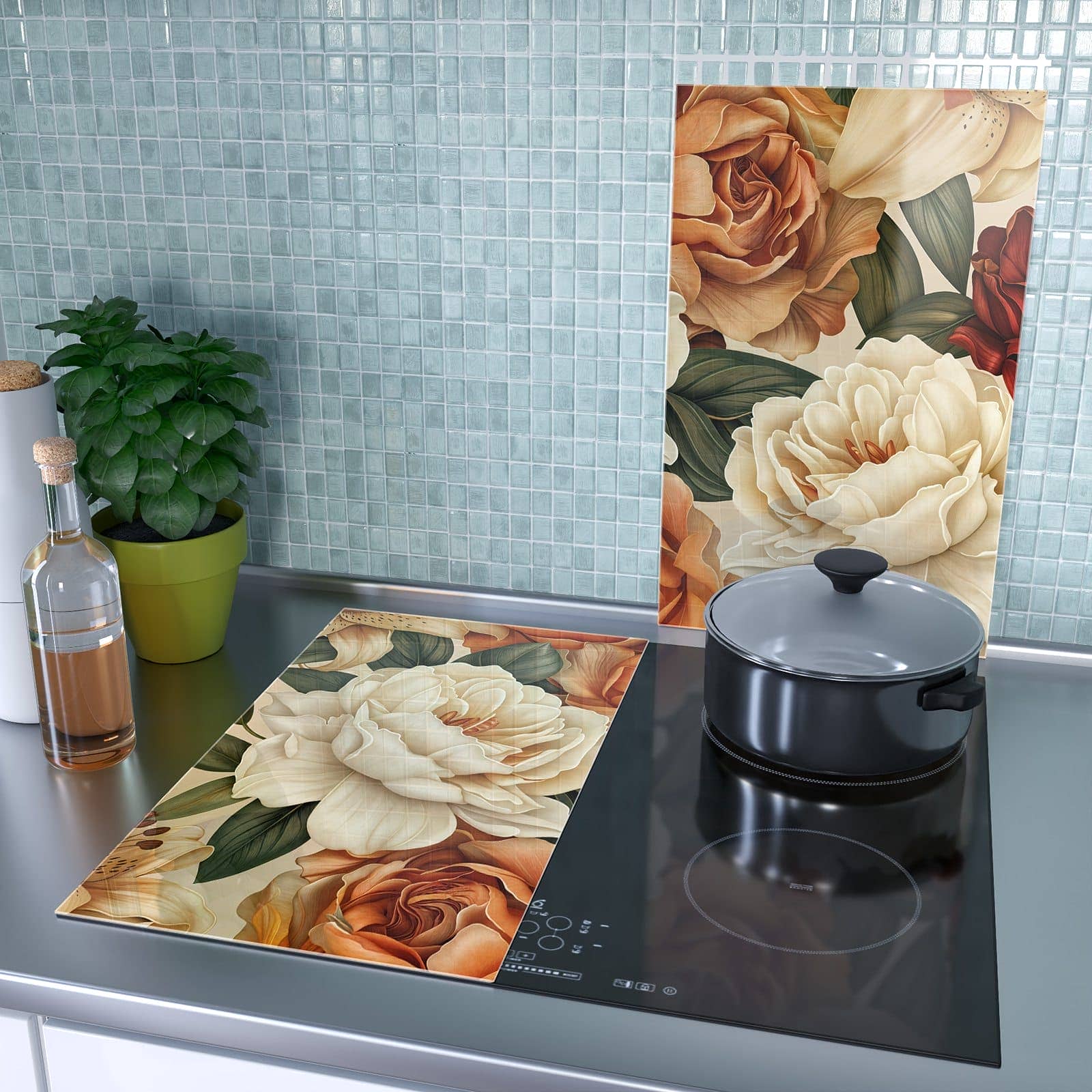 2-teilige Abdeckplatte für Induktionsherd mit Sanfte Blumenpracht-Motiv als Spritzschutz hinter dem Kochfeld