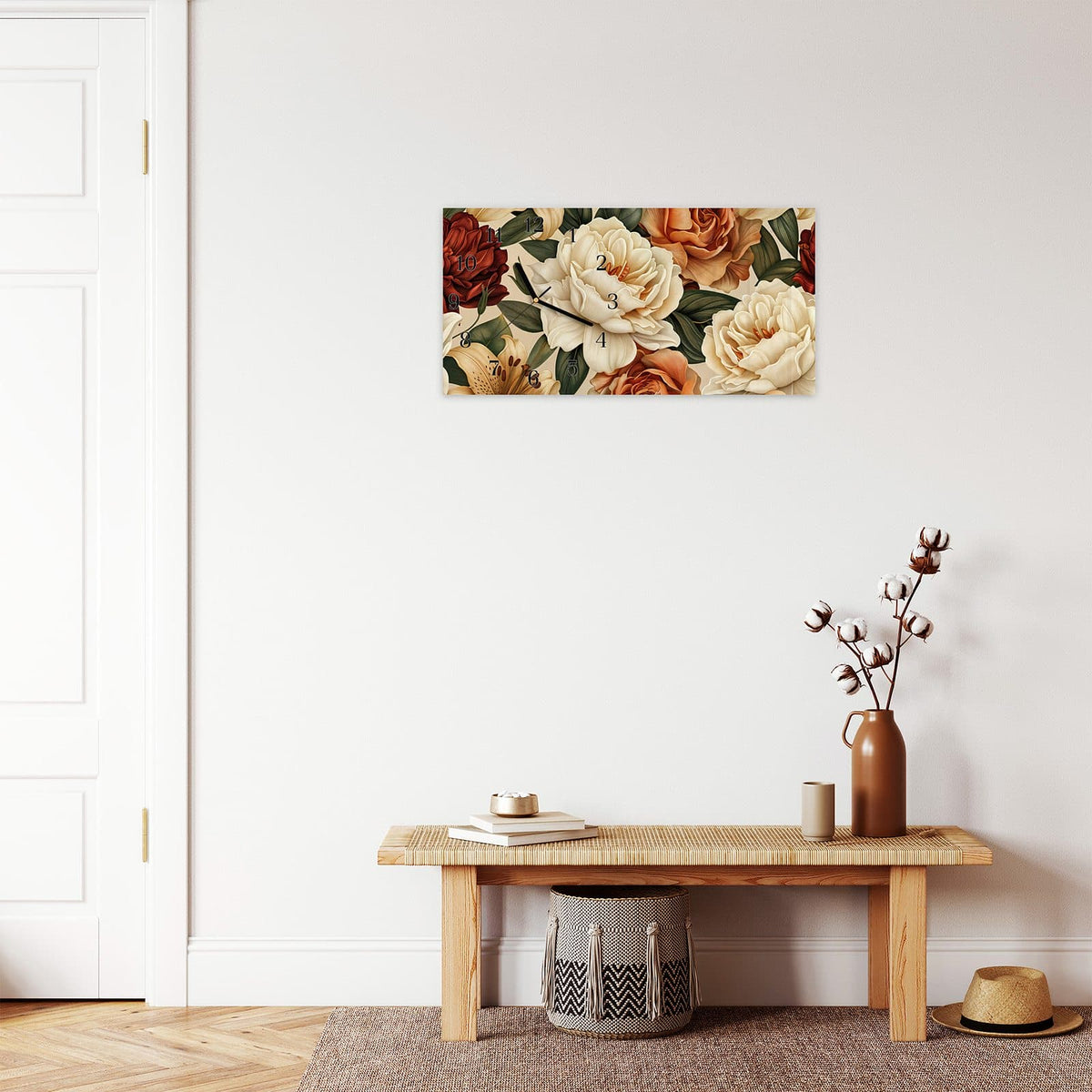 Moderne Wanduhr aus Glas mit Farbtiefe – Wanduhr Sanfte Blumenpracht aus Glas – Querformat 60 × 30 cm