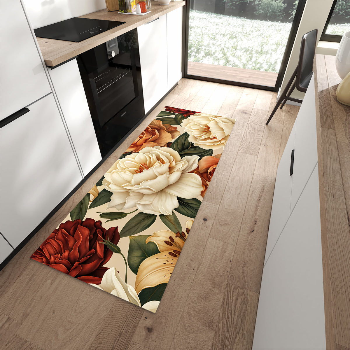 Farbbeständiger rutschfester Küchenläufer mit Motiv Sanfte Blumenpracht in moderner Küche
