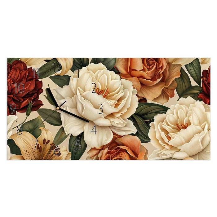 Wanduhr Sanfte Blumenpracht aus Glas – Querformat 60 × 30 cm mit Ziffernblatt Elegant