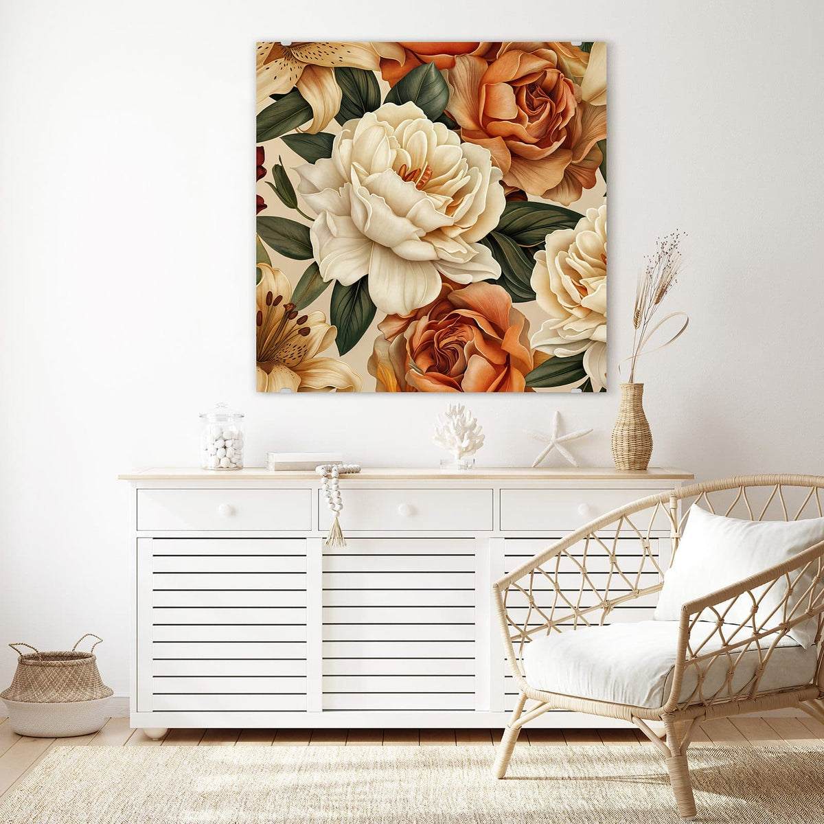 Echtglas, 4 mm – kein Acryl, keine Folie – Wandbild - Rosen in Terrakotta - Quadratisch