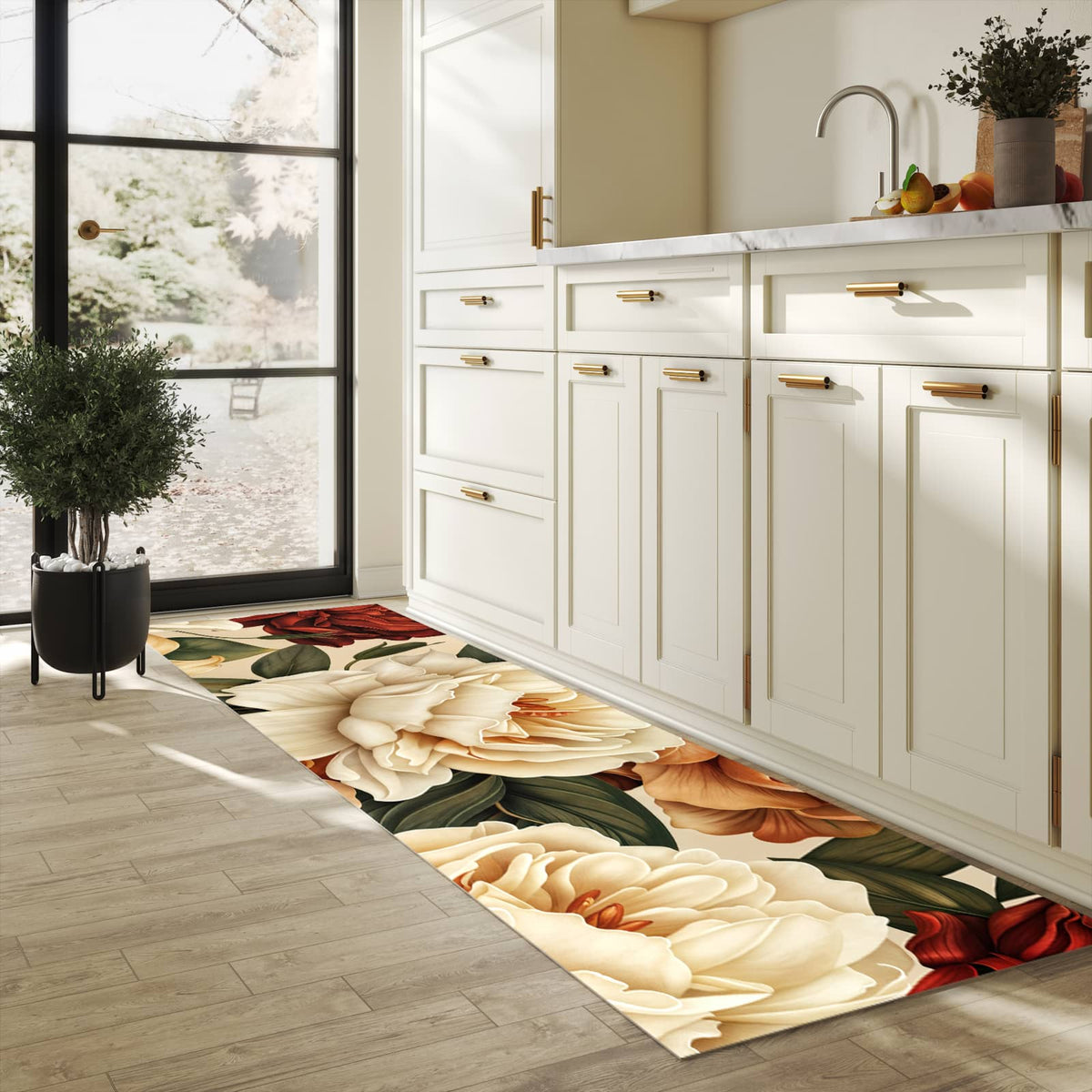 Bodenschonender Küchenteppich mit Motiv Sanfte Blumenpracht in heller Küche