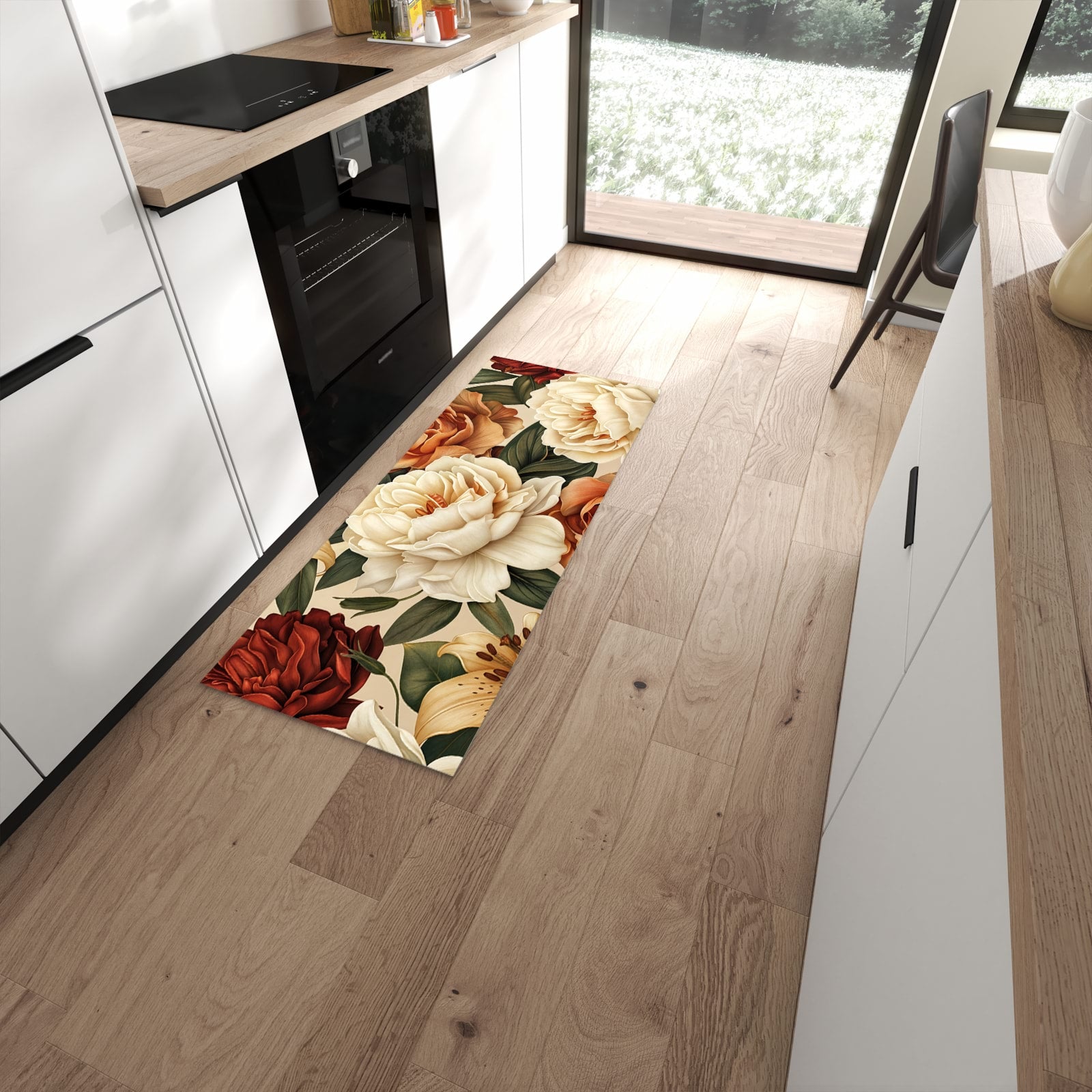 Langlebiger rutschfester Küchenteppich mit Motiv Sanfte Blumenpracht in moderner Küche #grösse_60 x 150 cm