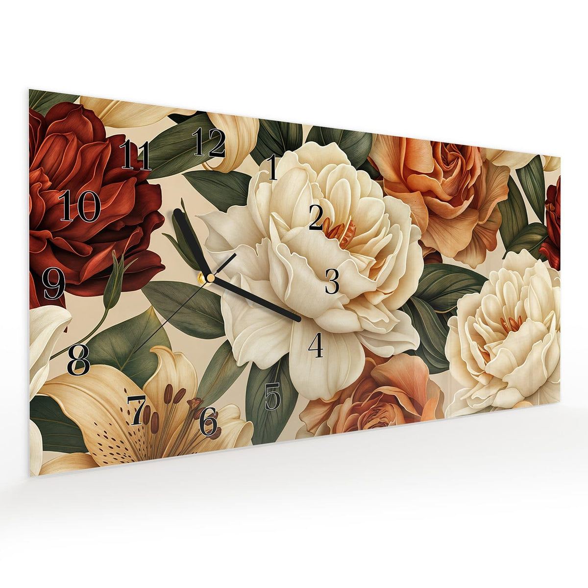 Vormontiert – mit Schwebeeffekt – Wanduhr Sanfte Blumenpracht aus Glas – Querformat 60 × 30 cm