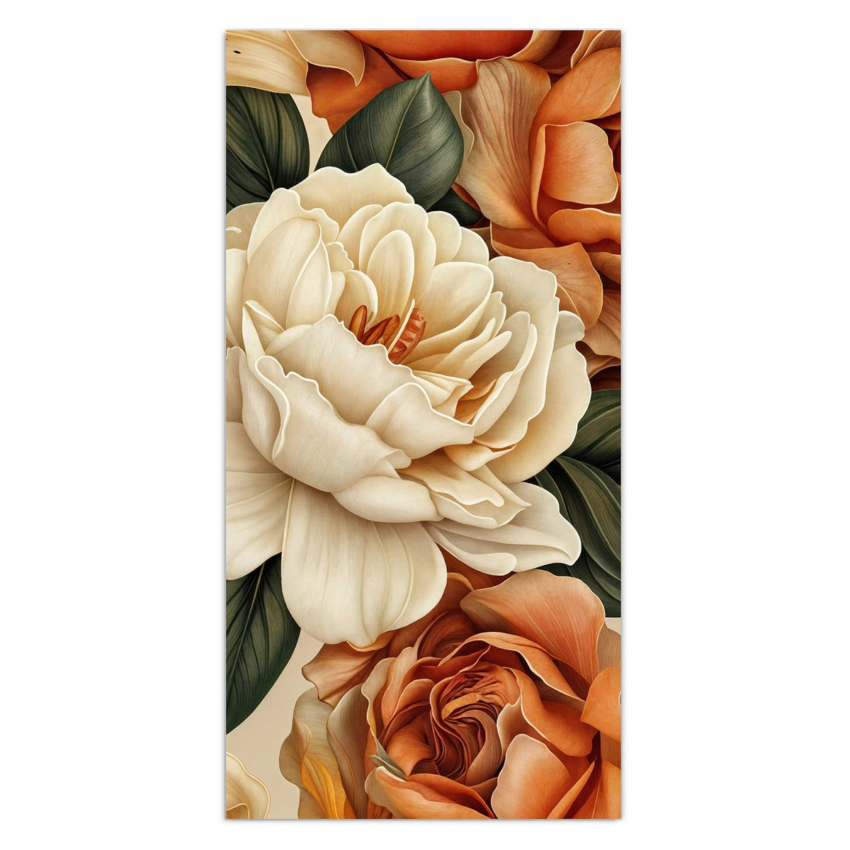 Illustriertes Blütenmuster aus cremeweißen Rosen, rostorangen Rosen und Lilien auf Beige