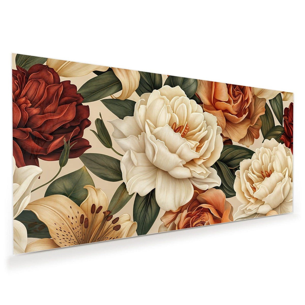 Illustriertes Blütenmuster aus cremeweißen Rosen, rostorangen Rosen und Lilien auf Beige