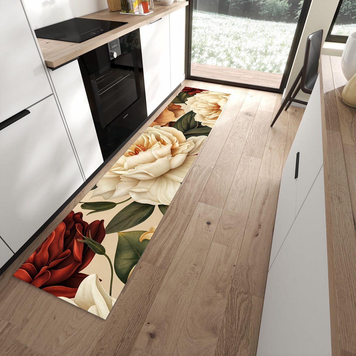 Bodenschonender Küchenläufer mit Motiv Sanfte Blumenpracht in moderner Küche