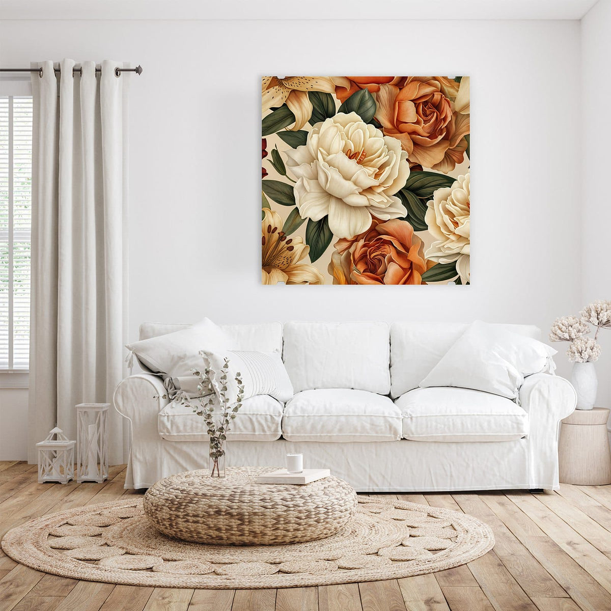Glasbild Rosen in Terrakotta an der Wand – Illustriertes Blütenmuster aus cremeweißen Rosen, rostorangen Rosen und Lilien auf Beige