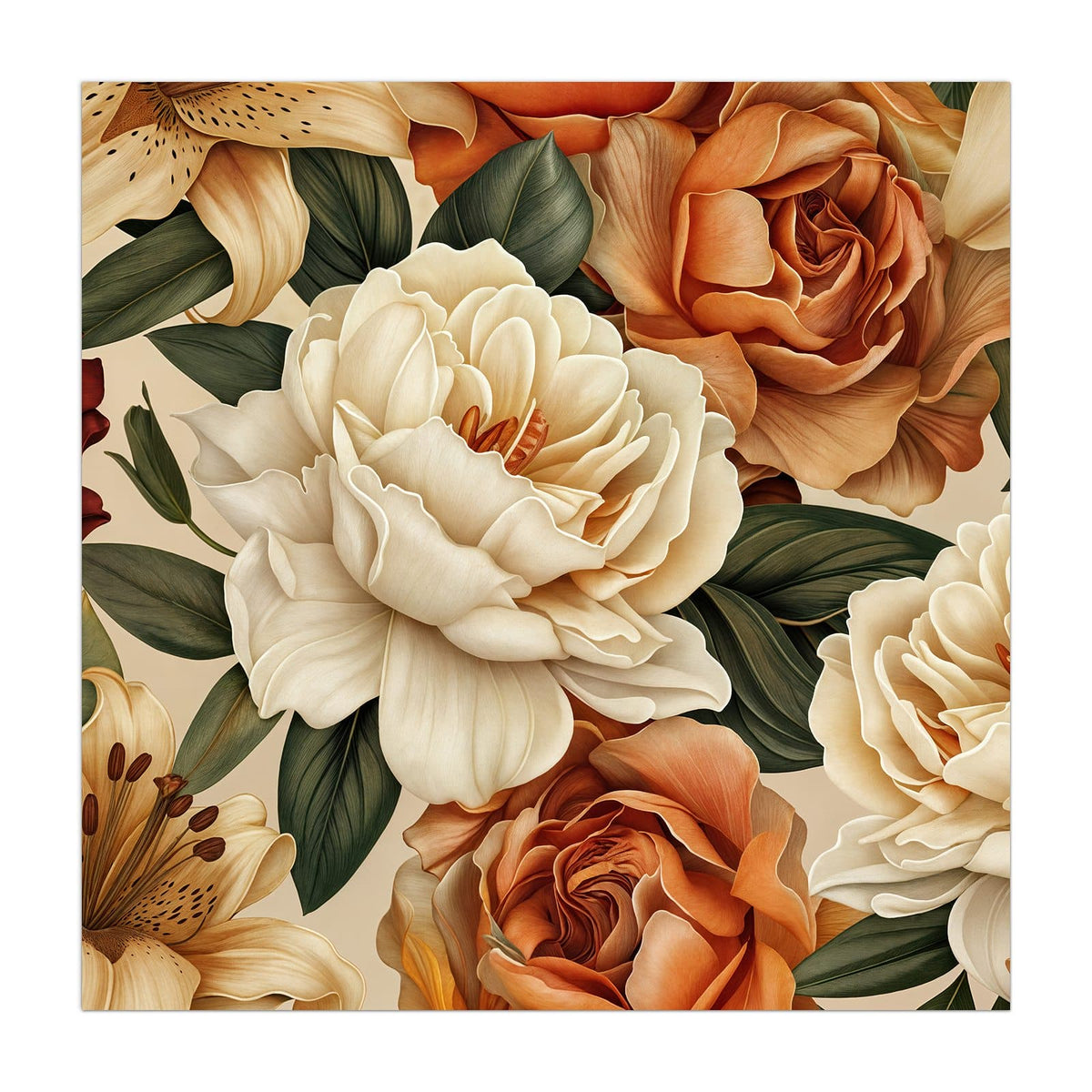 Illustriertes Blütenmuster aus cremeweißen Rosen, rostorangen Rosen und Lilien auf Beige