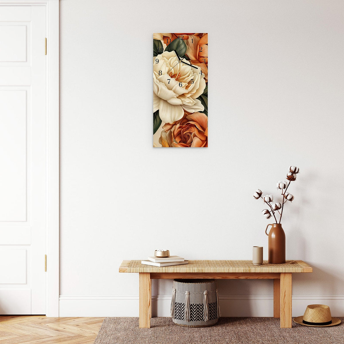 Moderne Wanduhr aus Glas mit Farbtiefe – Wanduhr Sanfte Blumenpracht aus Glas – Hochformat 30 × 60 cm