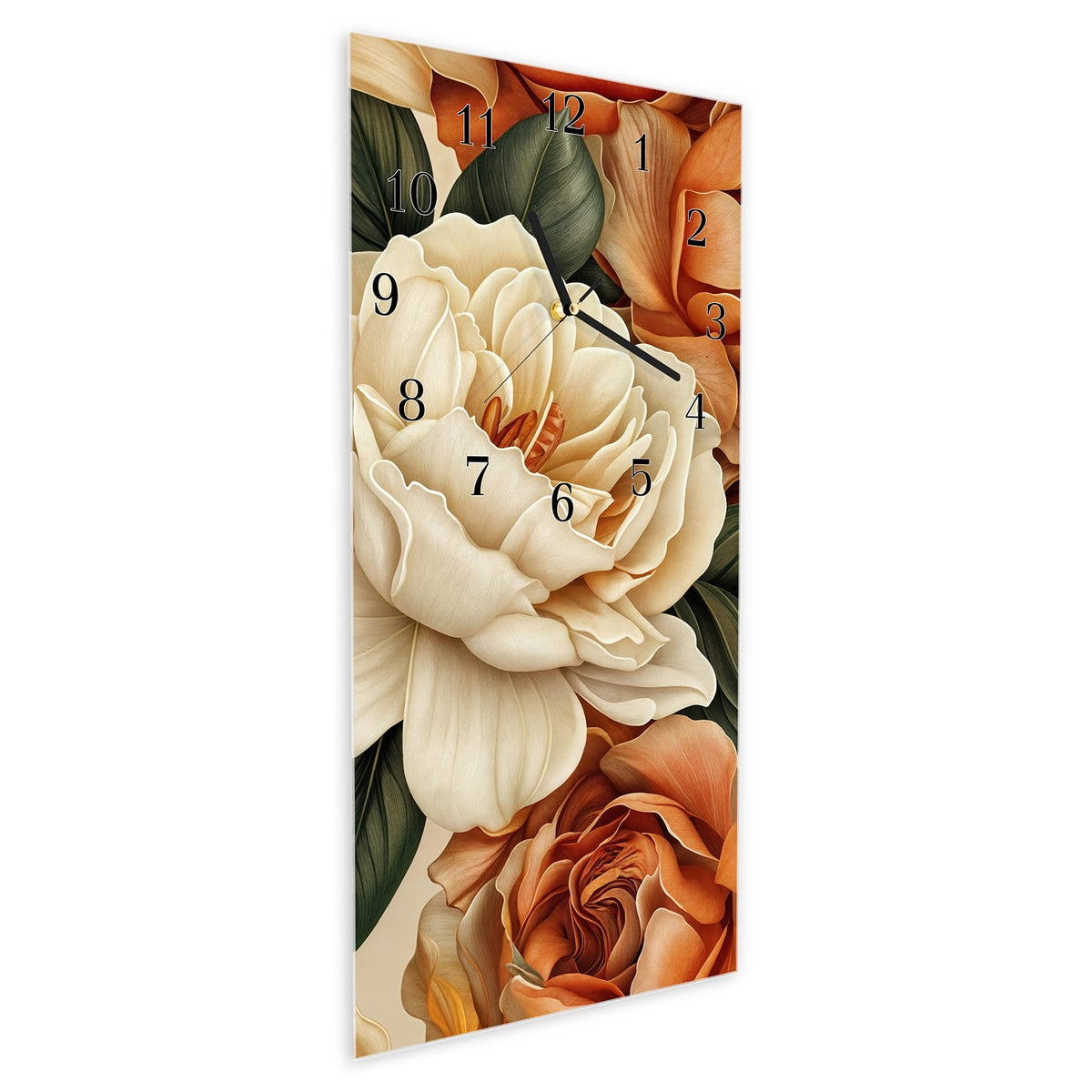 Vormontiert – mit Schwebeeffekt – Wanduhr Sanfte Blumenpracht aus Glas – Hochformat 30 × 60 cm