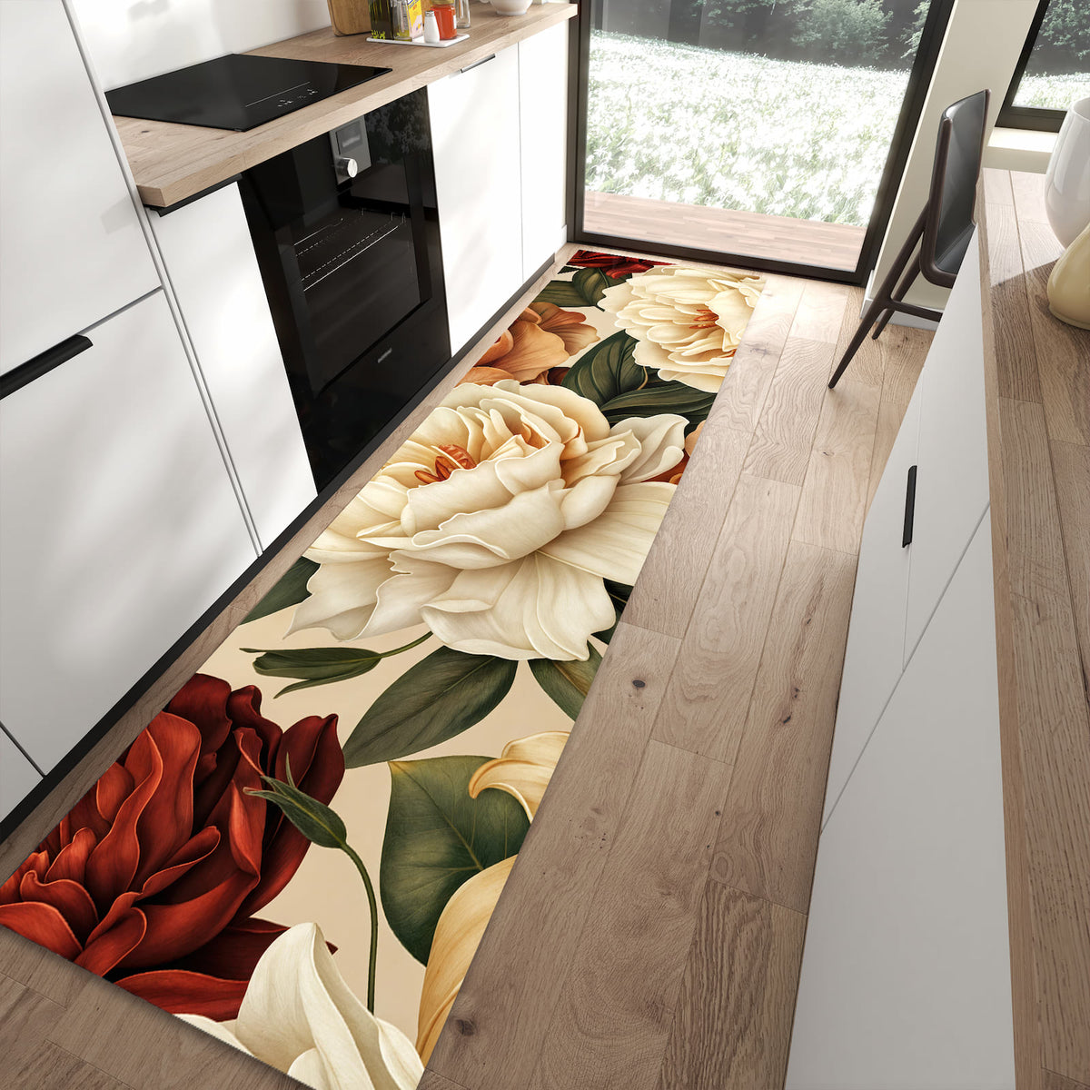 Zeitsparender rutschfester Küchenläufer mit Motiv Sanfte Blumenpracht in moderner Küche