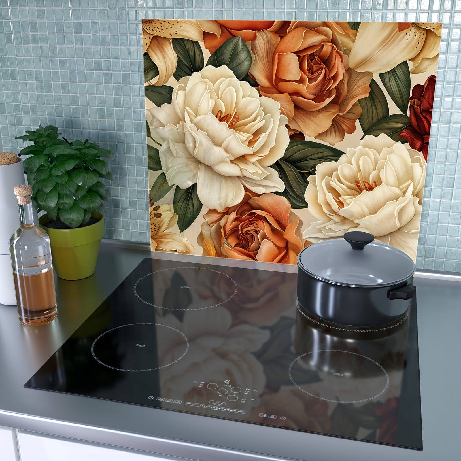 1-teilige Herdabdeckung aus Glas mit Sanfte Blumenpracht-Motiv als Spritzschutz hinter dem Kochfeld