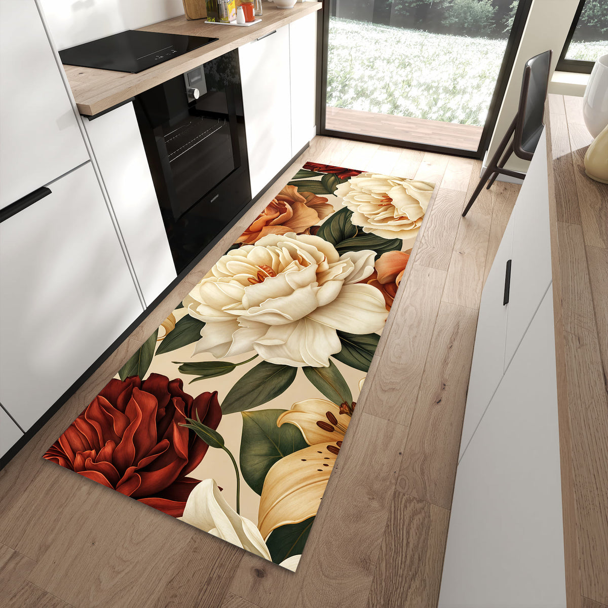Abriebfester Küchenläufer nach Maß mit Motiv Sanfte Blumenpracht in moderner Küche