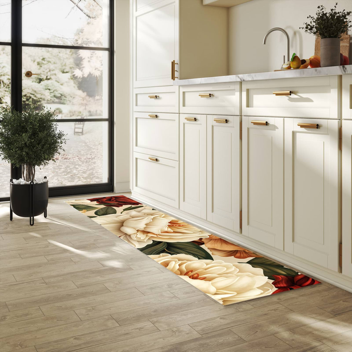 Hygienischer Teppich fürs Esszimmer mit Motiv Sanfte Blumenpracht in heller Küche