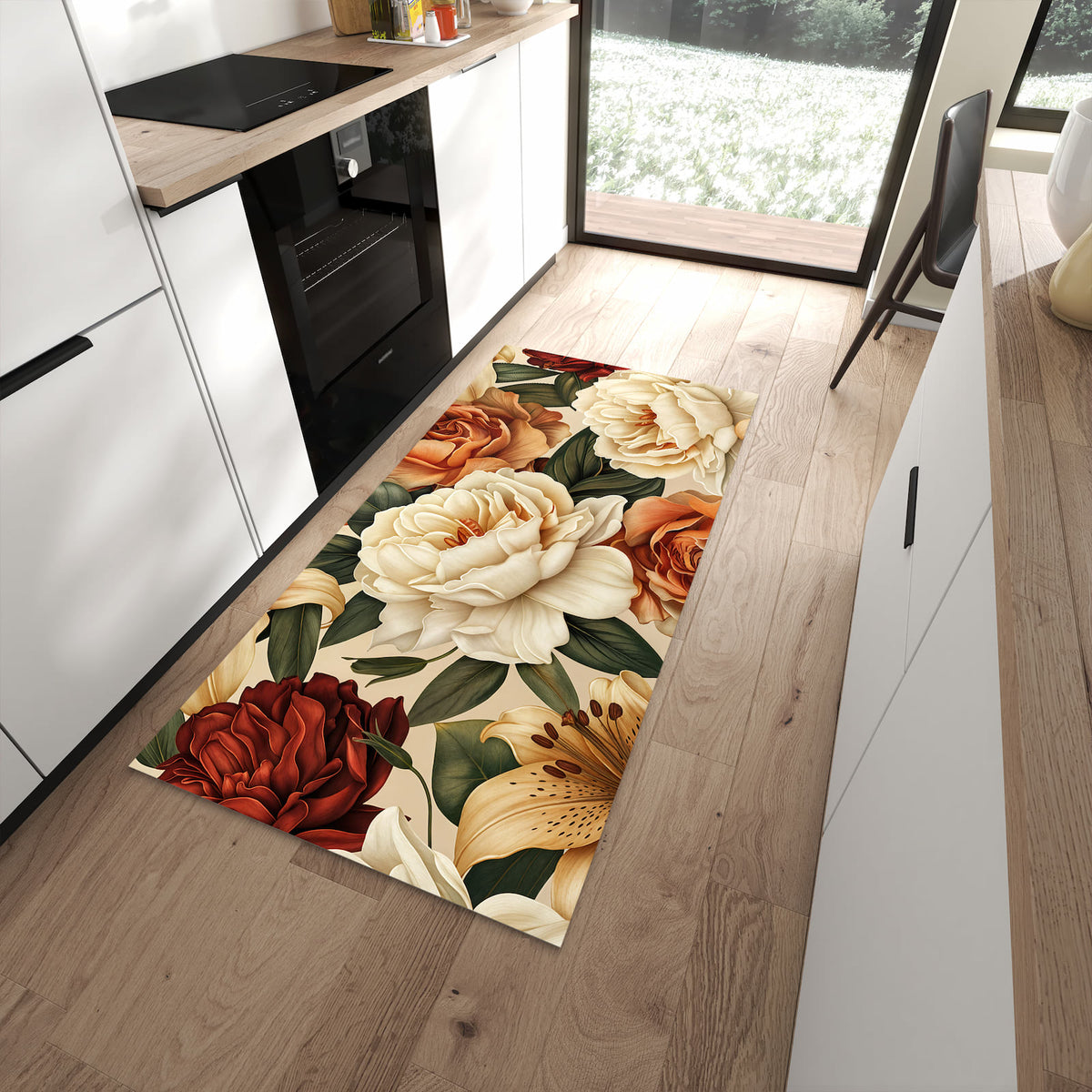 Geräuschdämpfender Küchenläufer mit Motiv Sanfte Blumenpracht in moderner Küche