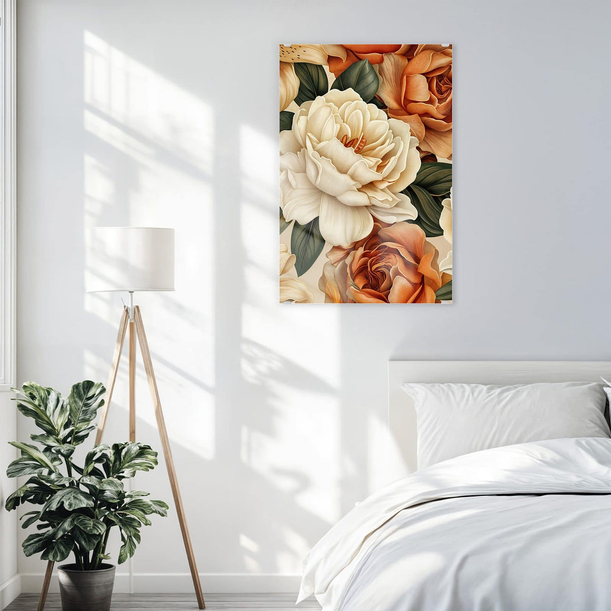 Glasbild Rosen in Terrakotta an der Wand – Illustriertes Blütenmuster aus cremeweißen Rosen, rostorangen Rosen und Lilien auf Beige