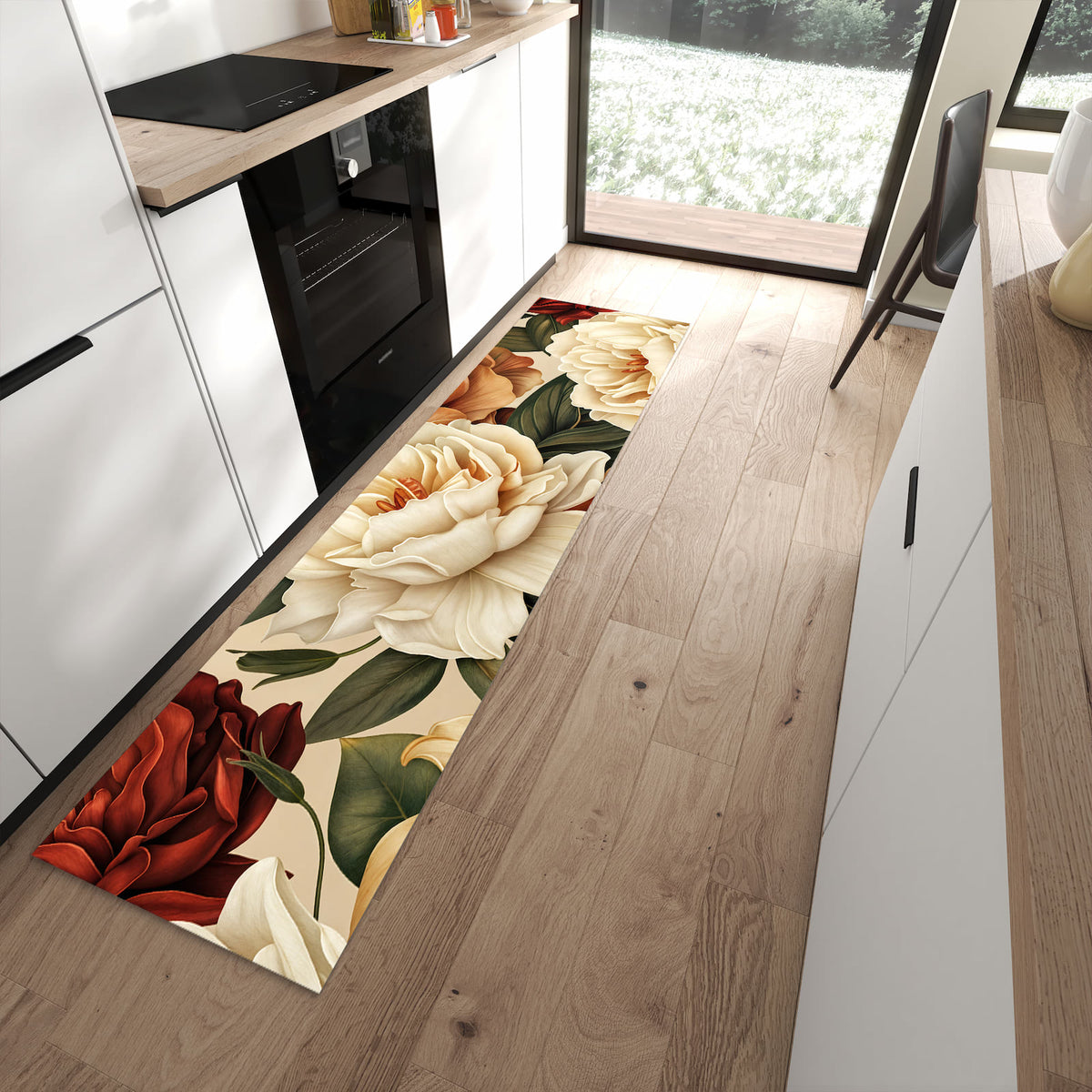 Feuchtigkeitsresistenter Küchenläufer mit Motiv Sanfte Blumenpracht in moderner Küche