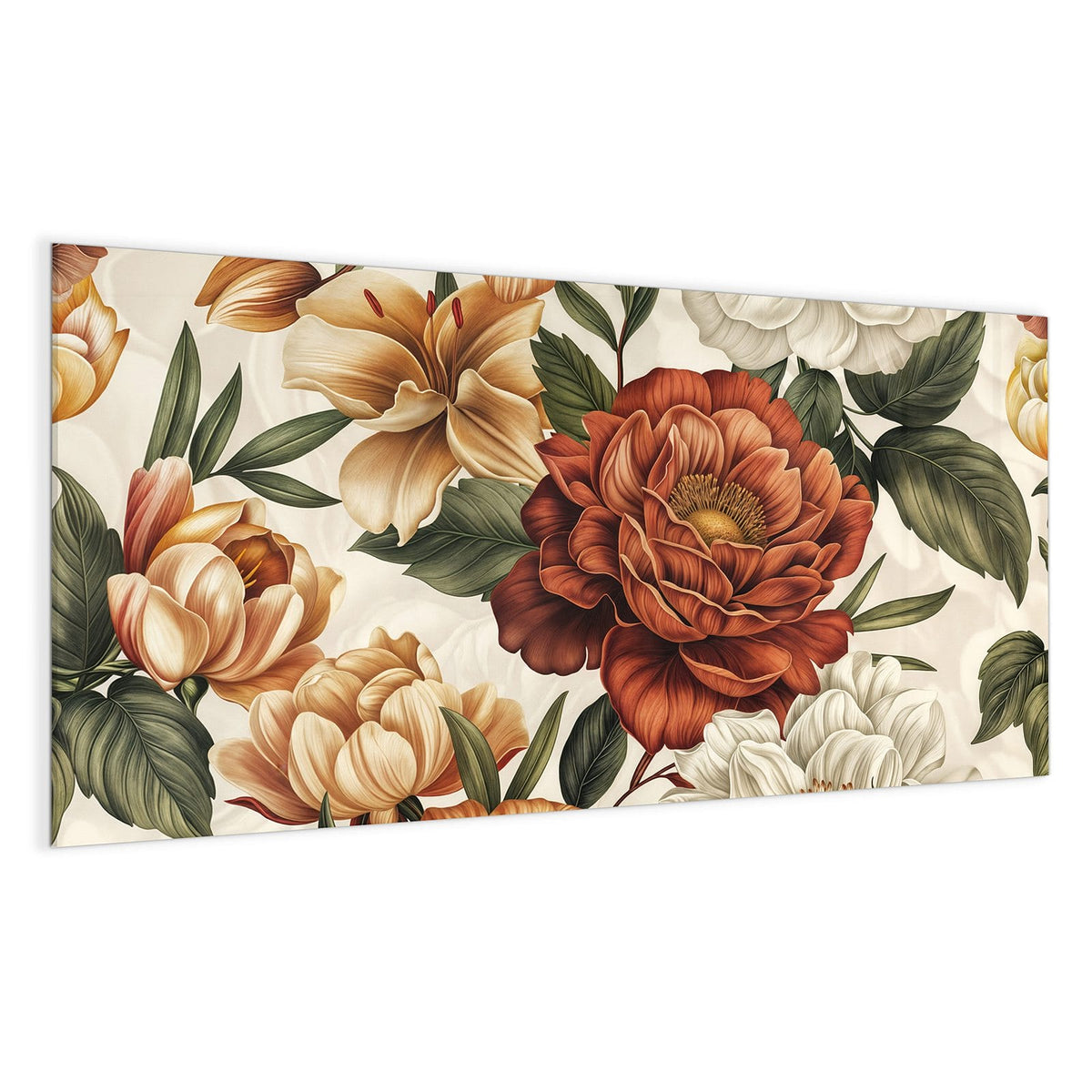 Botanische Illustration mit großer roter Pfingstrose, cremefarbenen Lilien und weißen Blüten auf Creme