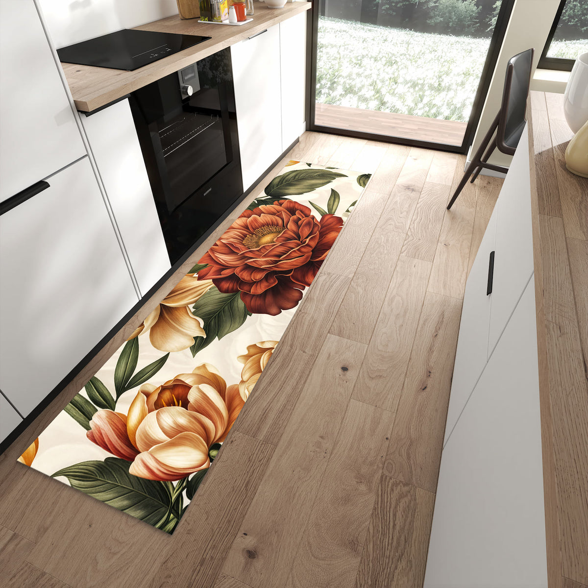 Geruchsneutraler rutschfester Küchenteppich mit Motiv Blumenmuster Vintage in moderner Küche