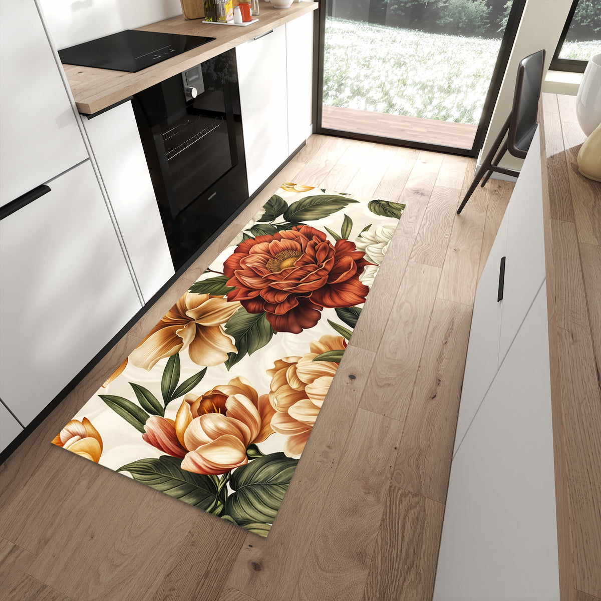 Komfortabler waschbarer Küchenteppich mit Motiv Blumenmuster Vintage in moderner Küche