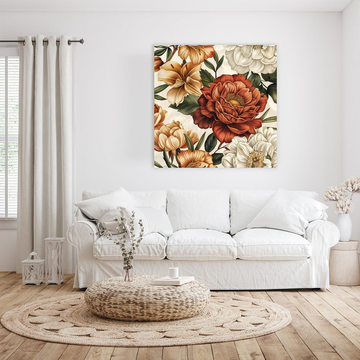 Botanische Illustration mit großer roter Pfingstrose, cremefarbenen Lilien und weißen Blüten auf Creme