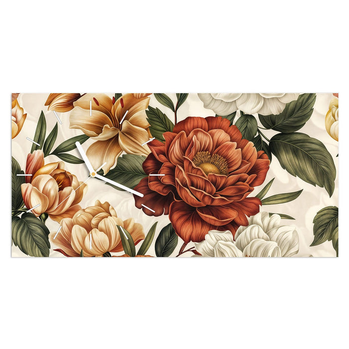Wanduhr Blumenmuster Vintage aus Glas – Querformat 60 × 30 cm mit Ziffernblatt Linie