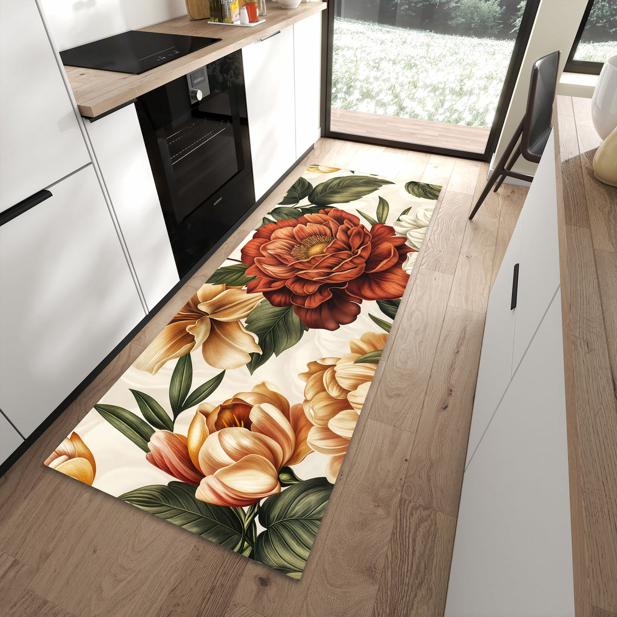 Strapazierfähiger waschbarer Küchenteppich mit Motiv Blumenmuster Vintage in moderner Küche