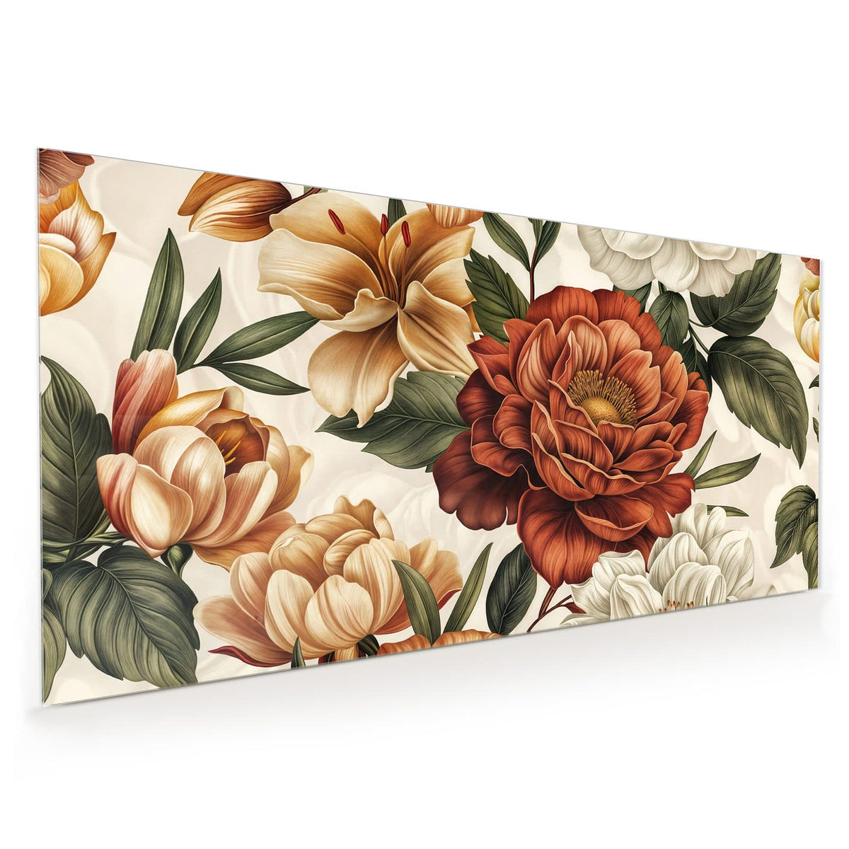 Küchenrückwand aus Glas im Hochformat mit Motiv Vintage Blütenmuster: Botanische Illustration mit großer roter Pfingstrose
