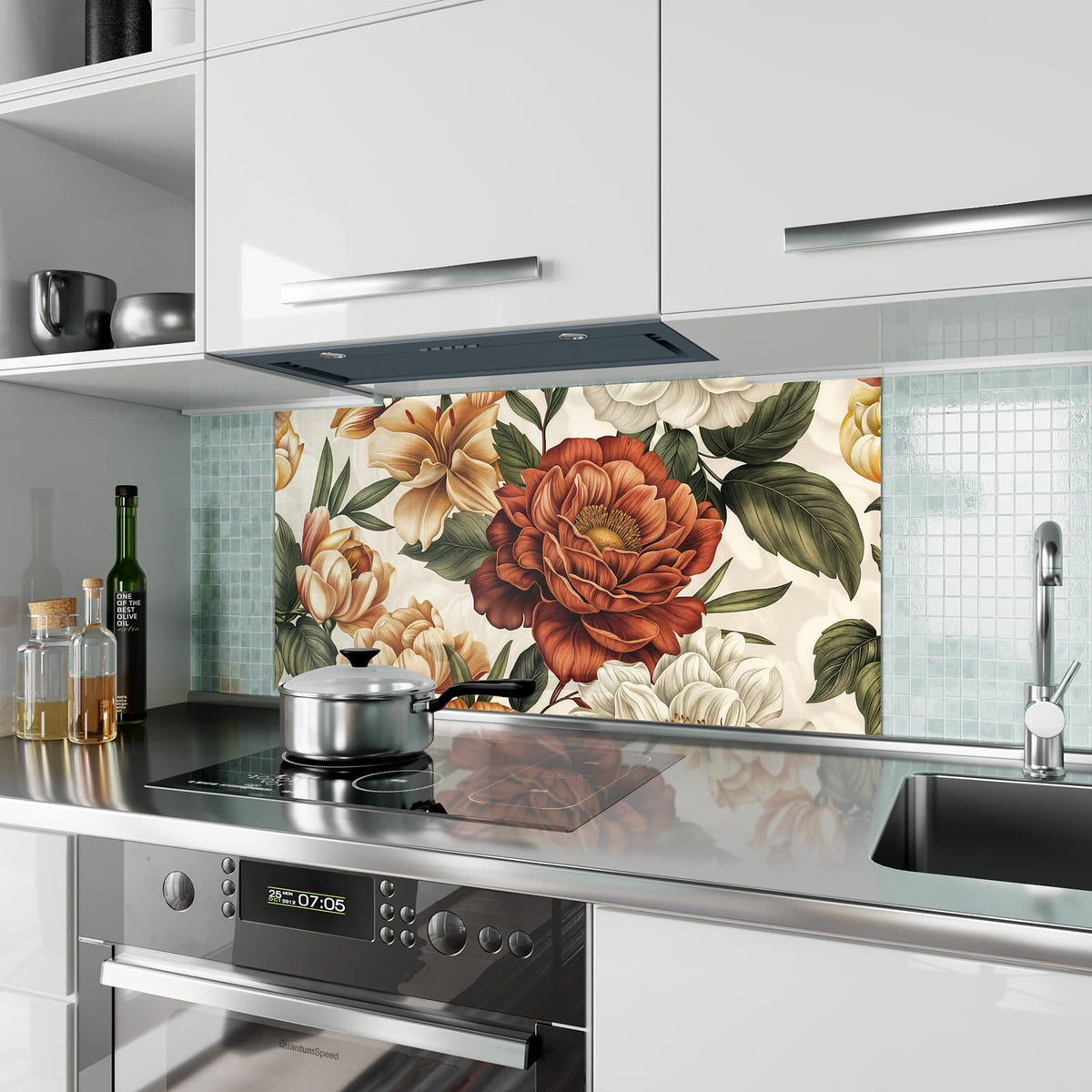 Küchenrückwand aus Glas Vintage Blütenmuster im Hochformat als Spritzschutz hinter dem Kochfeld, über dem Fliesenspiegel montiert