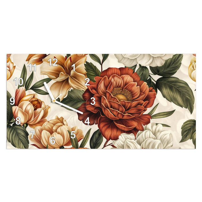 Wanduhr Blumenmuster Vintage aus Glas – Querformat 60 × 30 cm mit Ziffernblatt Modern