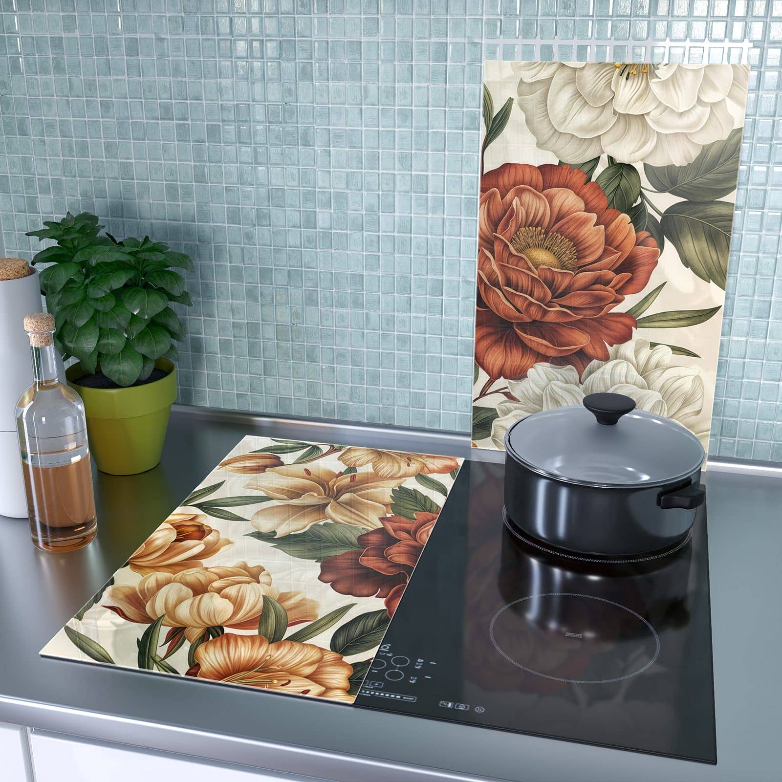 2-teilige Ceranfeld Abdeckungen mit Blumenmuster Vintage-Motiv als Spritzschutz hinter dem Kochfeld