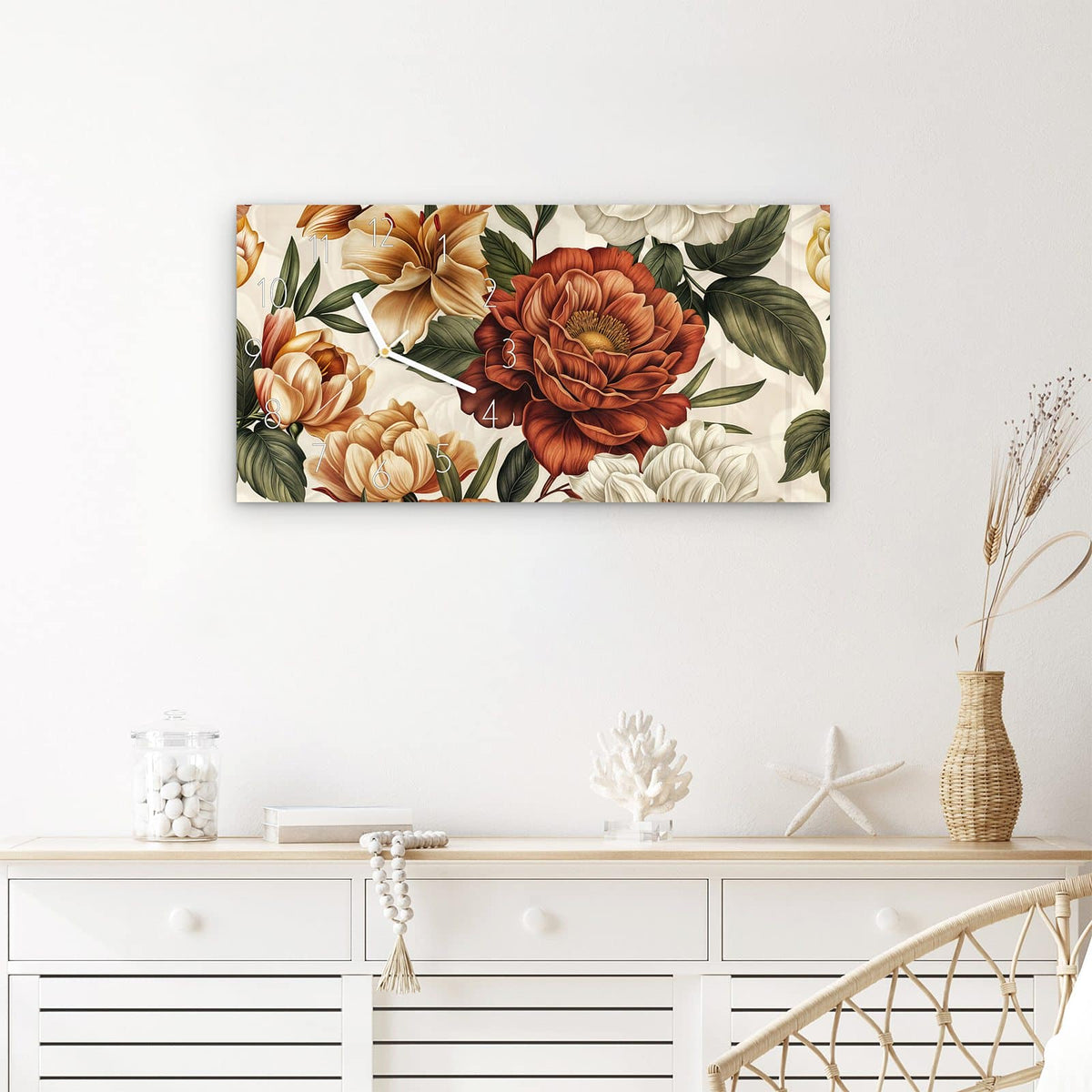 Wanduhr Blumenmuster Vintage aus Glas – Querformat 60 × 30 cm – Rote und weiße Blüten im Blätterwerk
