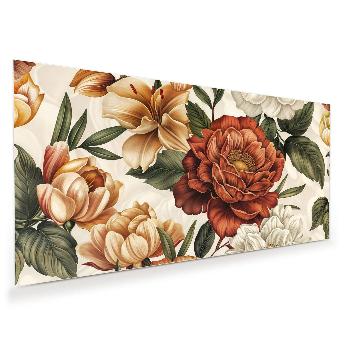 Botanische Illustration mit großer roter Pfingstrose, cremefarbenen Lilien und weißen Blüten auf Creme