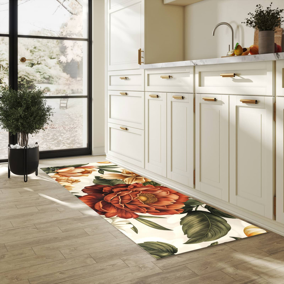 Schmutzabweisender Teppichläufer mit Motiv Blumenmuster Vintage in heller Küche
