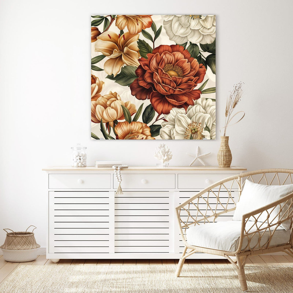 Glasbild Vintage Blütenmuster an der Wand – Botanische Illustration mit großer roter Pfingstrose, cremefarbenen Lilien und weißen Blüten auf Creme