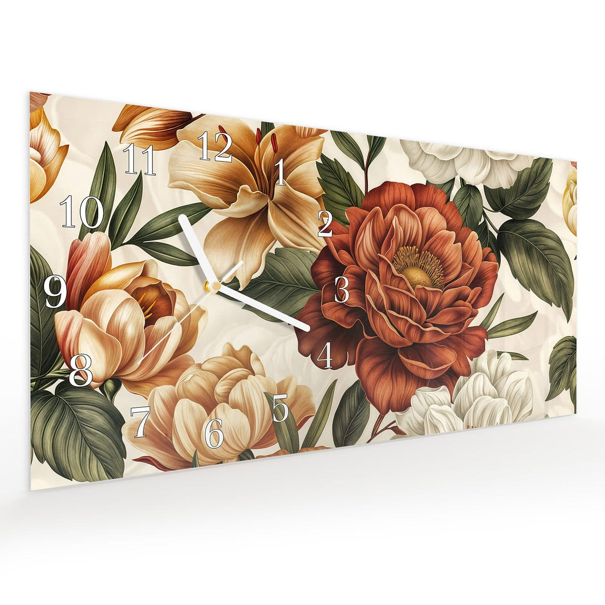 Vormontiert – mit Schwebeeffekt – Wanduhr Blumenmuster Vintage aus Glas – Querformat 60 × 30 cm
