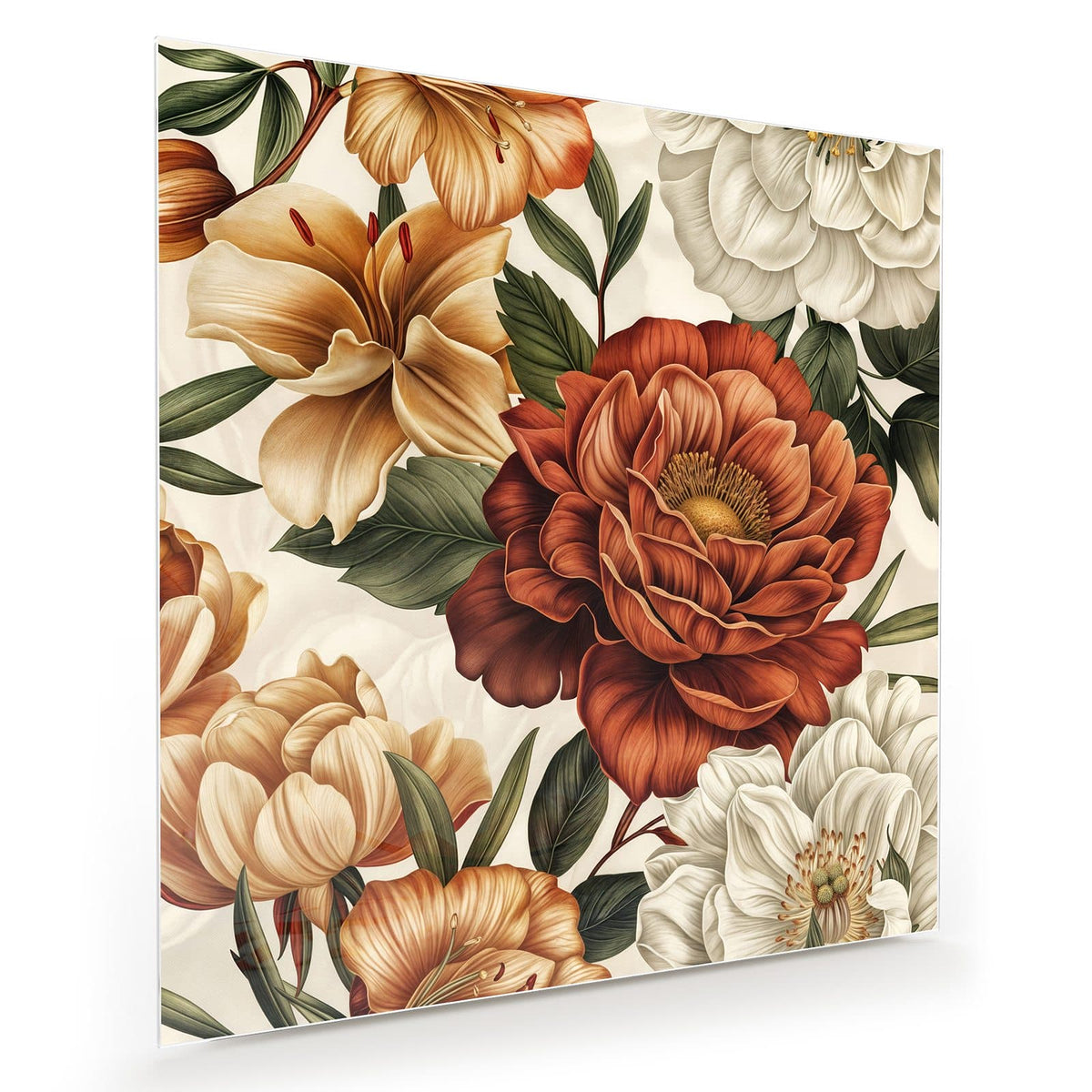 Botanische Illustration mit großer roter Pfingstrose, cremefarbenen Lilien und weißen Blüten auf Creme