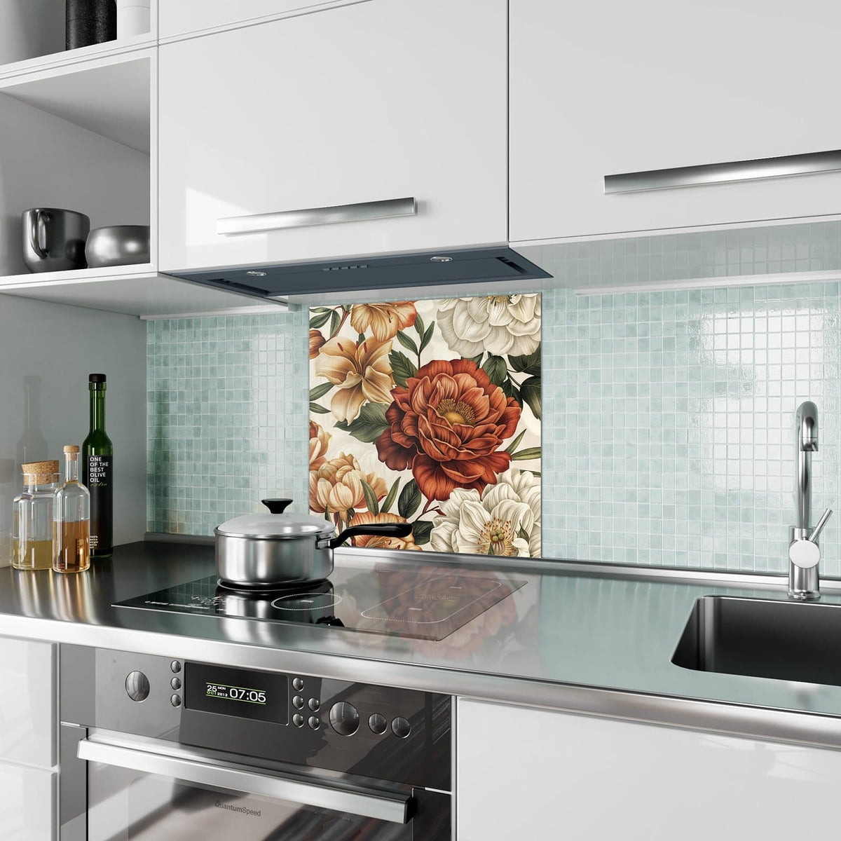 Küchenrückwand aus Glas Vintage Blütenmuster im quadratischen Format als Spritzschutz hinter dem Kochfeld, über dem Fliesenspiegel montiert
