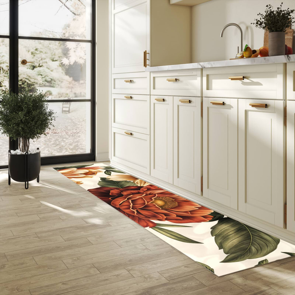 Waschbarer Küchenteppich mit Motiv Blumenmuster Vintage für Trittkomfort in heller Küche