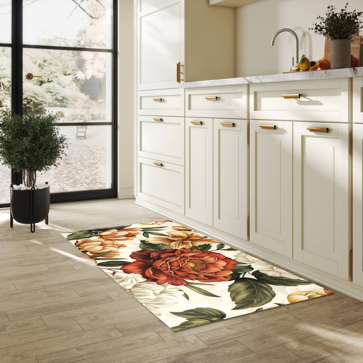 Flacher Küchenläufer mit Motiv Blumenmuster Vintage in heller Küche für lange Teppiche