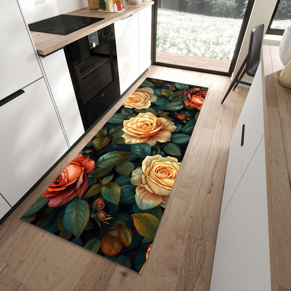 Rutschfester Küchenteppich mit Motiv Rosenmuster Blumen für Trittkomfort in moderner Küche