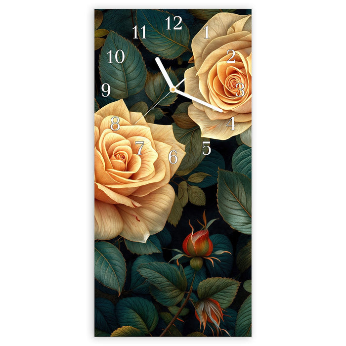Wanduhr Rosenmuster Blumen aus Glas – Hochformat 30 × 60 cm mit Ziffernblatt Klassisch