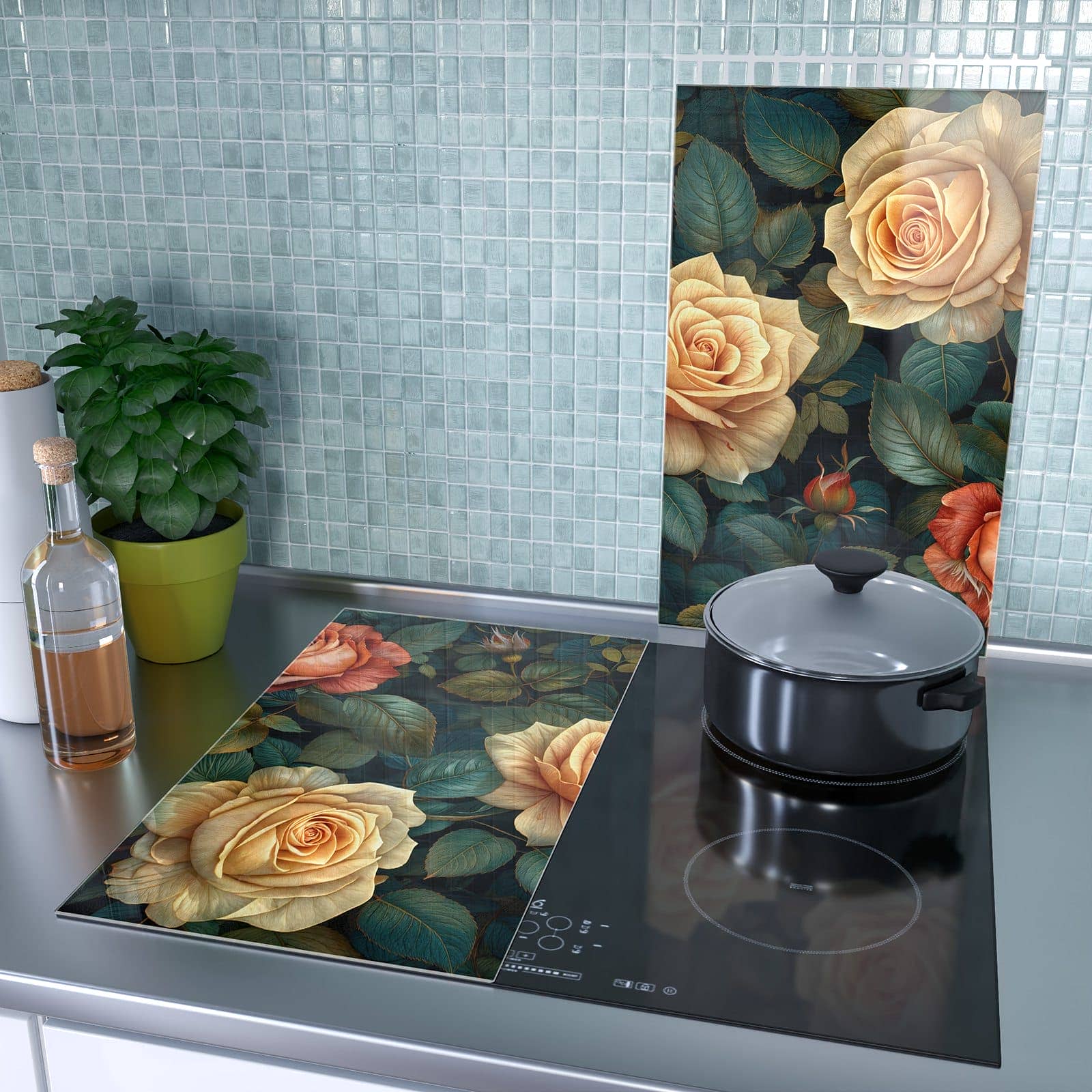 2-teilige Herdabdeckung aus Glas mit Rosenmuster Blumen-Motiv als Spritzschutz hinter dem Kochfeld