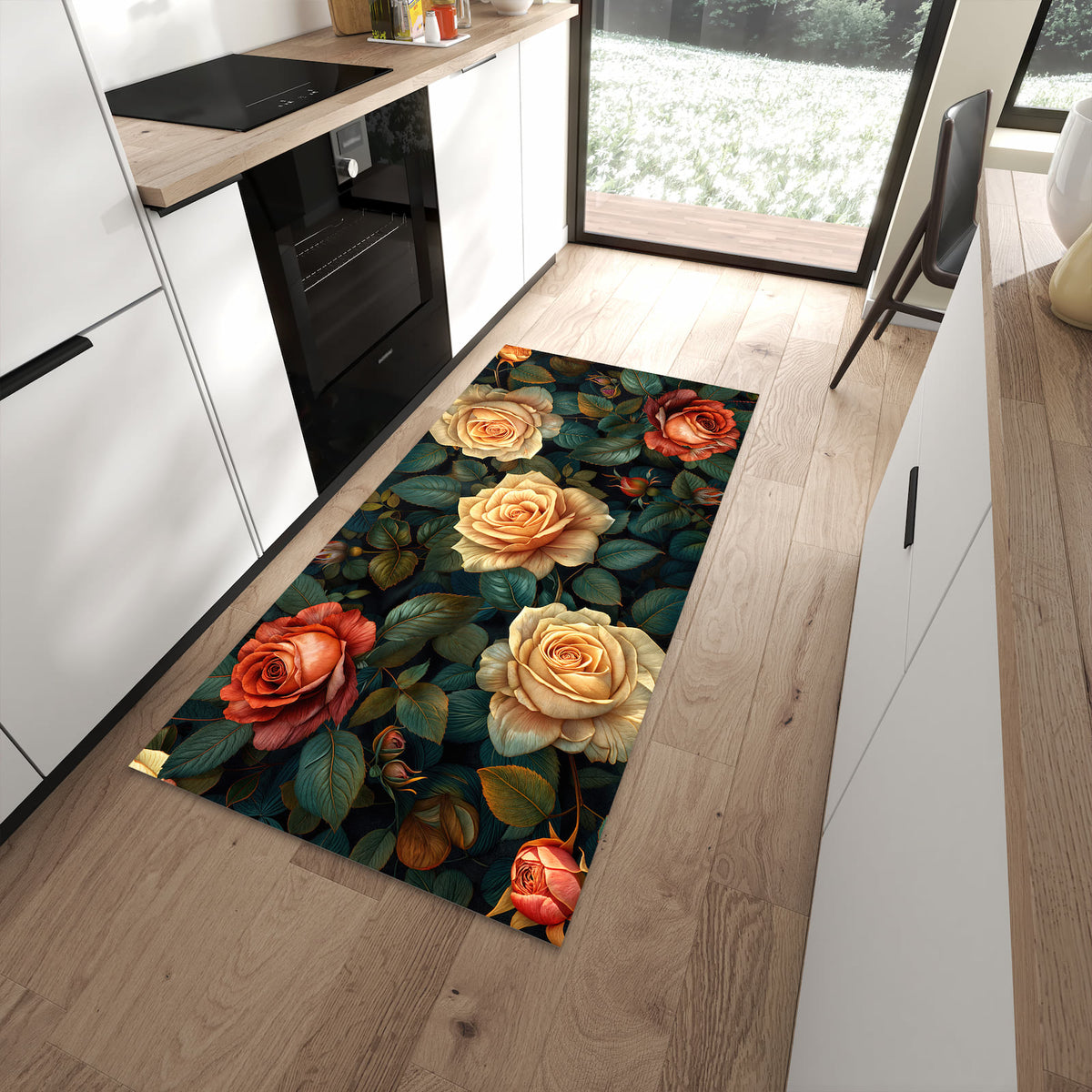 UV-beständiger dünner Teppich mit Motiv Rosenmuster Blumen in moderner Küche
