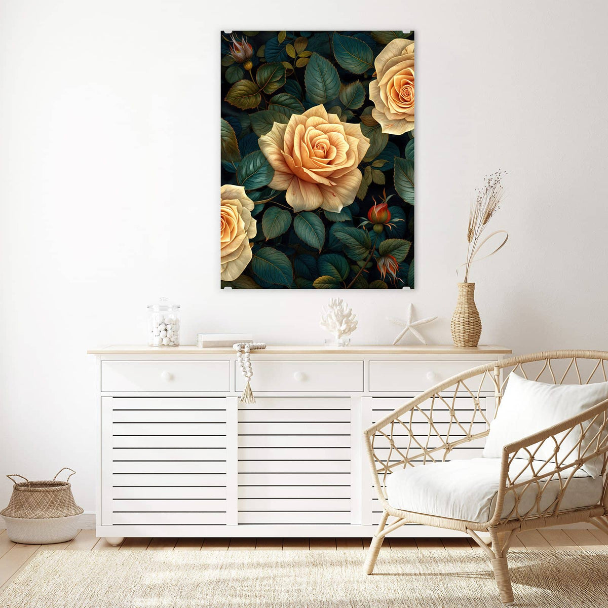 Aufhängung liegt bei – Motiv später wechselbar – Wandbild - Rosen in Apricot - Hochformat