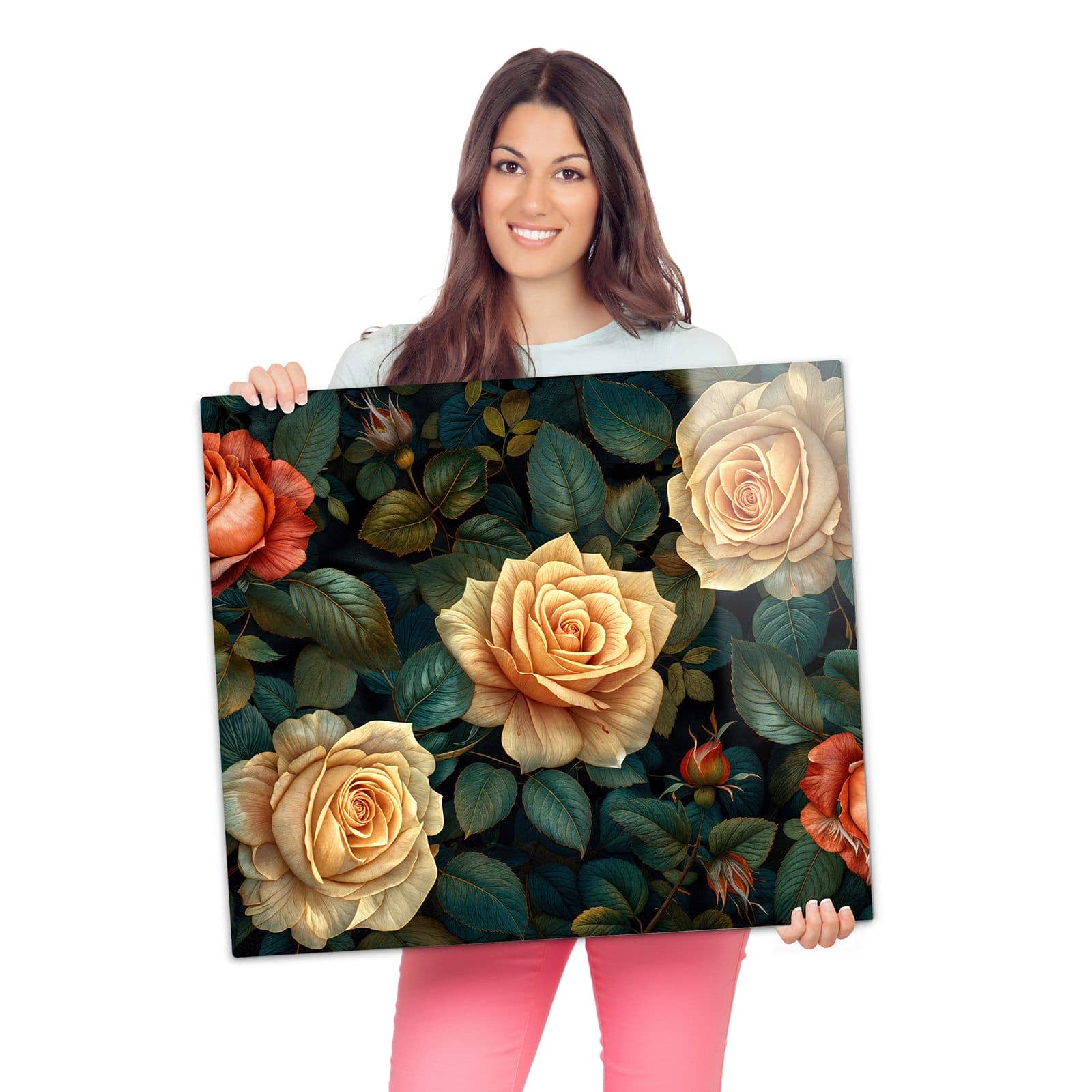 Abdeckplatte für Induktionsherd mit Rosenmuster Blumen-Motiv wird zur Größendarstellung gehalten