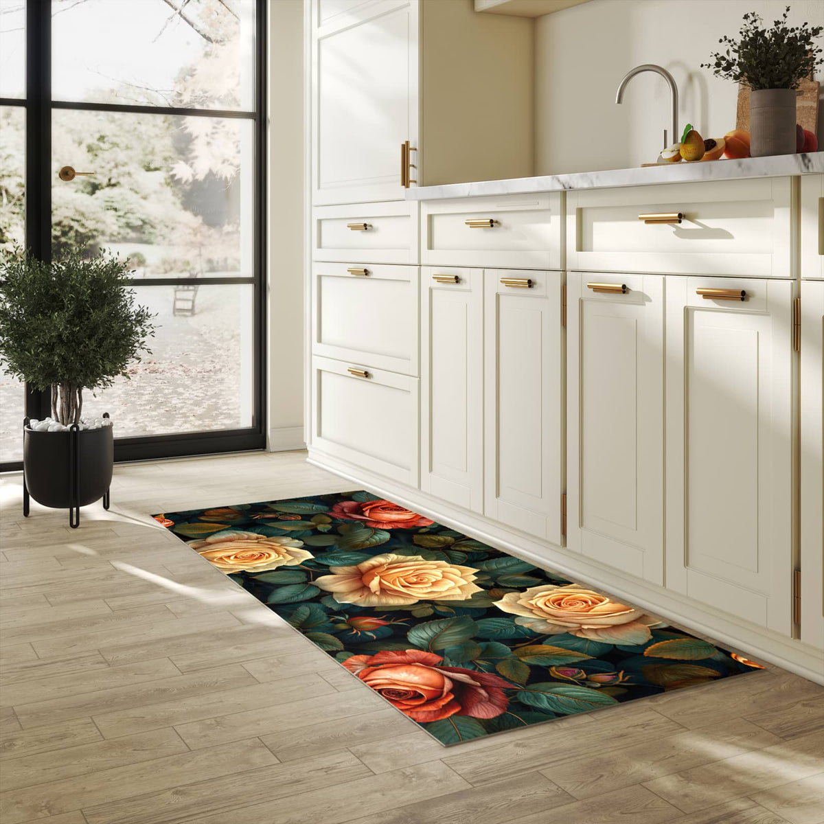 Feuchtigkeitsresistenter Teppich für Küche mit Motiv Rosenmuster Blumen in heller Küche