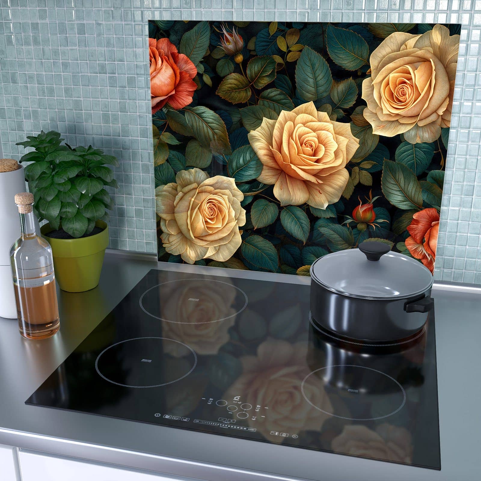 1-teilige Herdabdeckplatte mit Rosenmuster Blumen-Motiv als Spritzschutz hinter dem Kochfeld