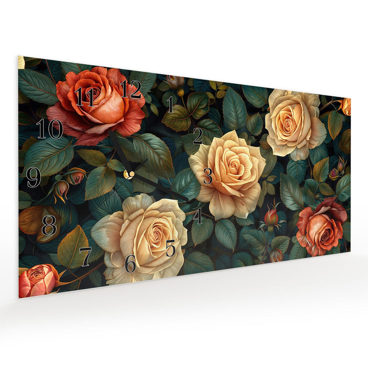 Vormontiert – mit Schwebeeffekt – Wanduhr Rosenmuster Blumen aus Glas – Querformat 60 × 30 cm